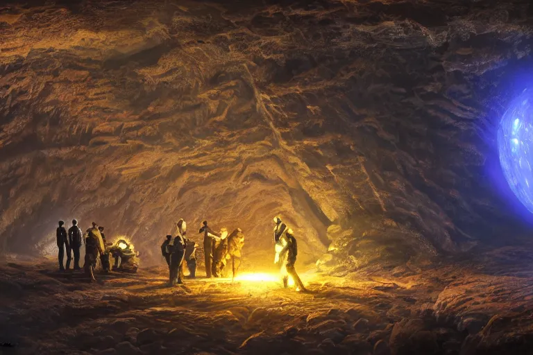 Prompt: a group of miners discover a glowing alien egg with intricate markings inside a deep diamond cave, concept art, digital painting, trending on artstation, deviantart, highly detailed, perfect composition, dramatic lighting, sharp focus, 8 k uhd