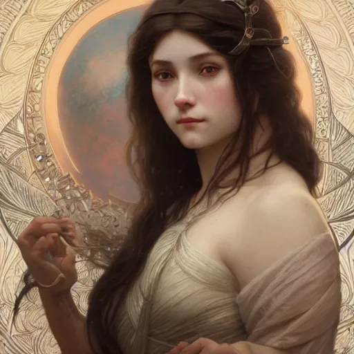 Image similar to portrait of a norse moon goddess, with white skin, intricate, elegant, highly detailed, digital painting, artstation, concept art, smooth, sharp focus, illustration, art by artgerm and greg rutkowski and alphonse mucha and william - adolphe bouguereau