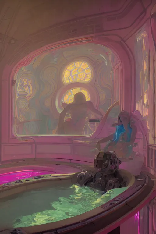 Image similar to interior of a Stomach Sensory deprivation tank filled with glowing pink water, Cross section, Claustrophobic, seapunk Mecha , vaporwave , digital art, artstation, by WLOP, Ilya repin, alphonse mucha., Very highly detailed 8K, octane, Digital painting, the golden ratio,