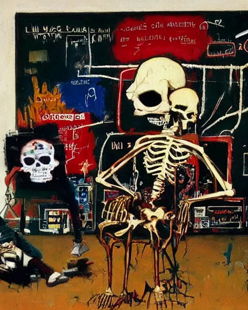 Prompt: oil neo expressionism painting of skull skeleton playing console video games infront of tv by basquiat and norman rockwell