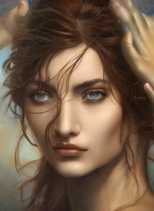 Prompt: portrait of the most beautiful 20-year-old Greece woman by boris Vallejo and Tom Bagshaw, close up, detailed, Sony a7R