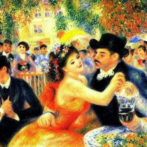 Prompt: Bal du moulin de la Galette, set in 2022 Paris. Impressionist painting, Renoir style.