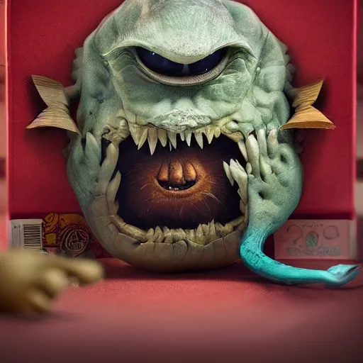 Image similar to cute monster in a box by Greg Rutkowski, product photography, centered, studio lightning