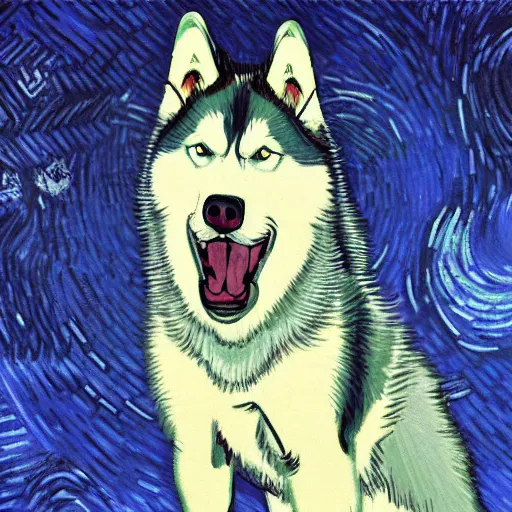 Prompt: husky howling in the night, 4 k, 8 k, trending on artstation, award - winning art, illustrated by vincent van gogh