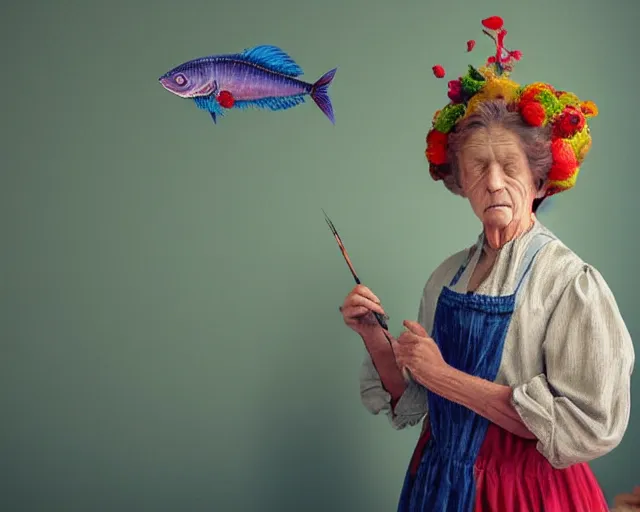 Image similar to an innocent and beautiful scene in hyper realistic style, about an old and lonely woman painting a huge colorful fish on the wall, and modeling a victorian dress. a huge and colorful fish sits on her head. 4 k. wide angle. wild. red mouth, blue eyes. deep focus, lovely scene. ambient occlusion render. unreal engine.