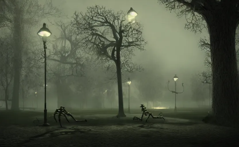 Image similar to park at night, skeleton,, gloomy and foggy atmosphere, octane render, tim burton, cgsociety, artstation trending, horror scene, highly detailed