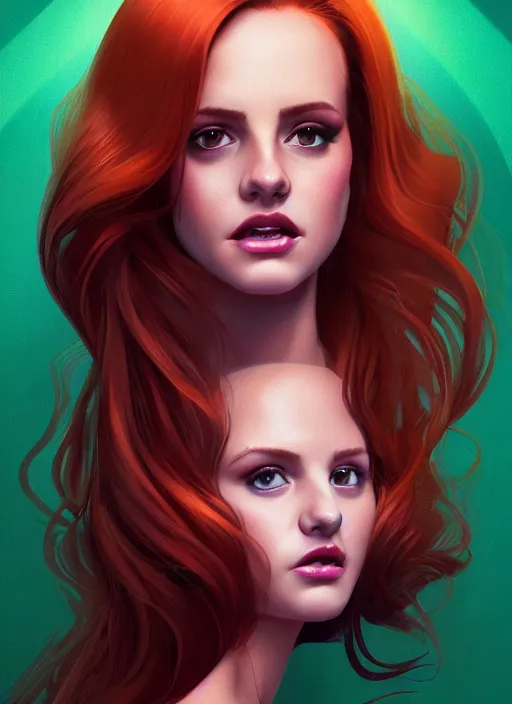 Image similar to full body portrait of teenage cheryl blossom, bangs, green eyes, mischievous expression, red hair, sultry smirk, bangs and wavy hair, intricate, elegant, glowing lights, highly detailed, digital painting, artstation, concept art, smooth, sharp focus, illustration, art by wlop, mars ravelo and greg rutkowski