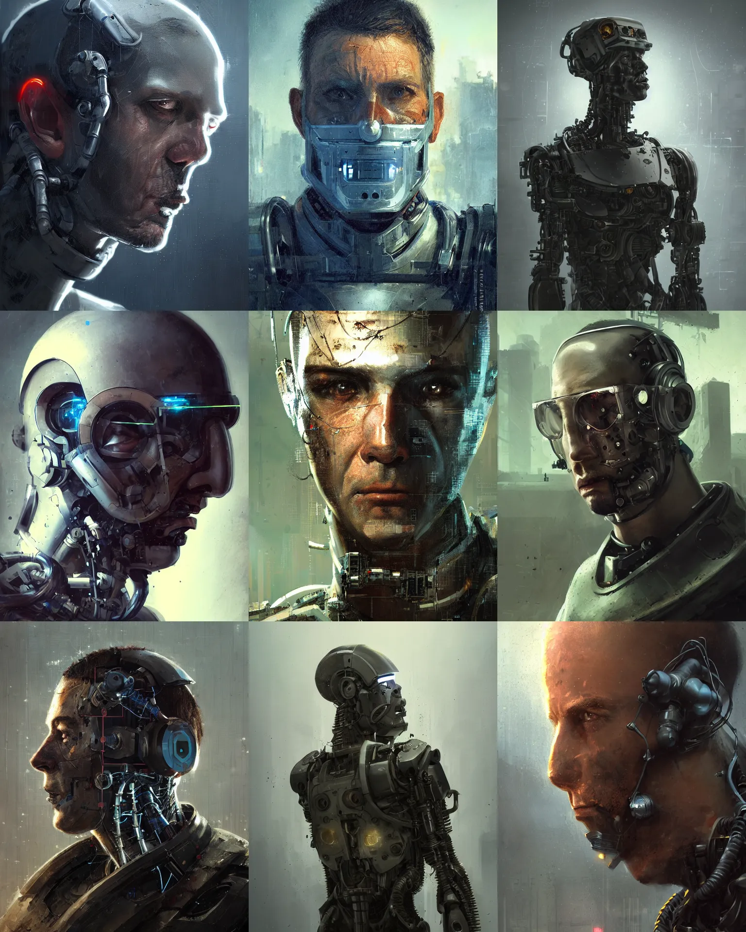 Image similar to a half - masked rugged laboratory engineer man with cybernetic enhancements as seen from a distance, scifi character portrait by greg rutkowski, craig mullins, daytoner, 1 / 4 headshot, cinematic lighting, dystopian scifi gear, gloomy, profile picture, mechanical, cyborg, half robot, implants, dieselpunk