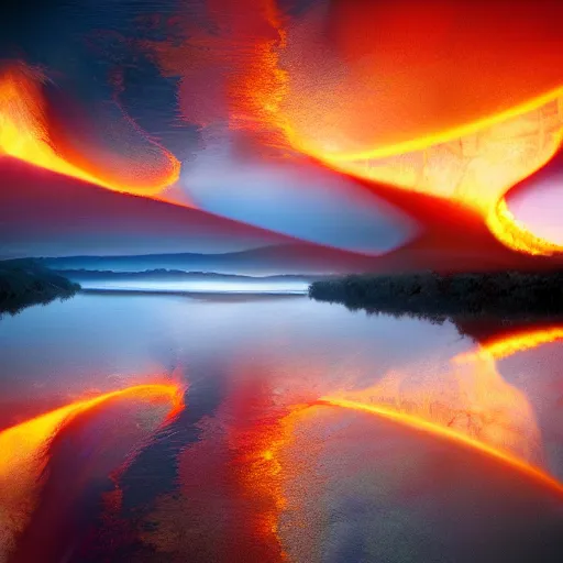 Image similar to a river runs here, a fiery river, from east to west, from west to north. over that river the fiery river drives the light. cinvat bridge of separation. light transports souls. award - winning, very trending, esoteric art, 2 k, 4 k, ue 5