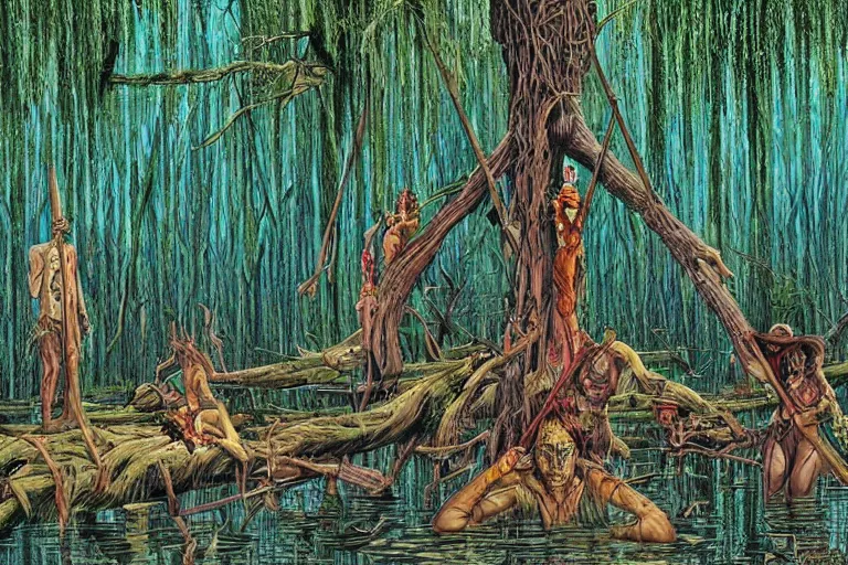 Image similar to scene from louisiana swamps, secret voodoo cult, crucifixion on a tree, artwork by jean giraud