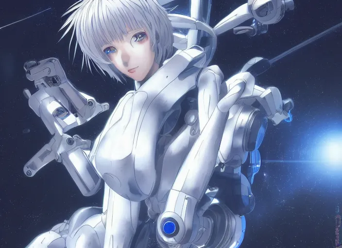 Image similar to This is a digital art piece by Yoshiyuki Sadamoto that is trending on artstation. It is a 8K UHD image of Rei Ayanami, a female anime character, inside a space station with technological rings. She is shot from the ground by Yoshiyuki Sadamoto. The environment is a concept design and the art is hyper realistic with intricate details.