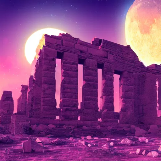 Image similar to ancient ruins in the moon, ufos in the sky, retrowave epic art, trending on art station