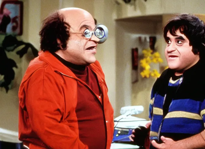 Prompt: broadcast still of danny devito as mork from mork and mindy tv show