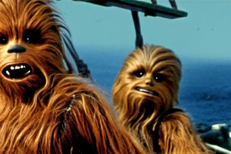 Image similar to A high quality movie still from the film Goonies, starring Chewbacca