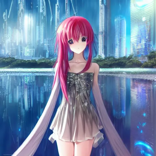 Image similar to a teenage anime android girl wearing a very high intricate detailed dress made out of water standing in a crystal clear lake with a neon lit futuristic city in the background::full body::very long black + red hair::left eye is yellow + right eye is glowing red::heterochromatic eyes::intense stare::cinematic lighting::medium shot::MCU::trending on artstation::CSP + Photoshop::WLOP + Rossdraws + James Jean + Andrei Riabovitchev + Marc Simonetti + Anastasia Ovchinnikova + Véronique Meignaud + BEN MAIER + Sakimichan