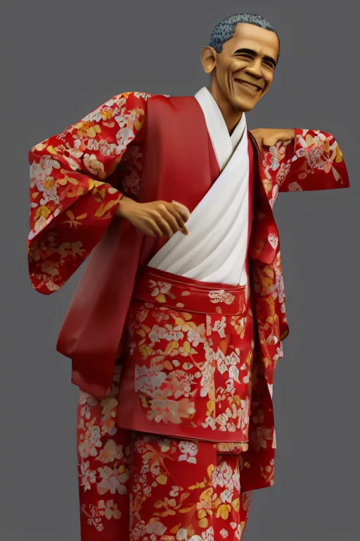 Image similar to full body 3d render of barack obama as an anime figurine wearing a beautiful kimono, shinto shrine, blender, trending on artstation, 8k, highly detailed, bokeh, depth of field