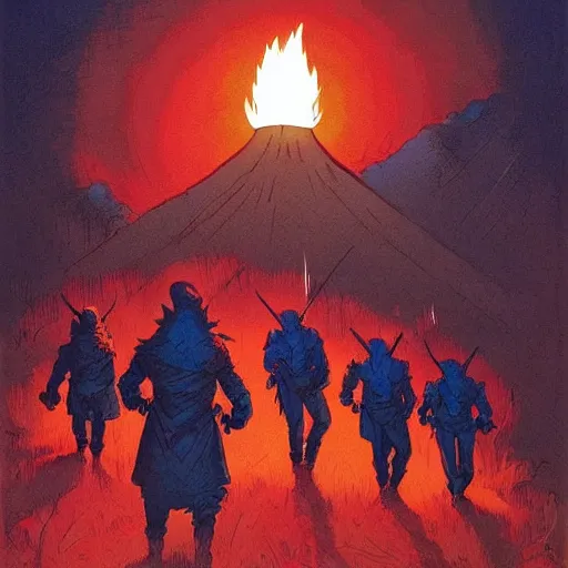 Prompt: torch wielding mob walking up a hill at night. Artwork by Frank Frazetta and dan Mumford. Horror feeling. Red and blue color scheme