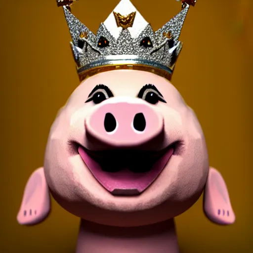 Prompt: photo happy puppet pig king wearing a crown posing, trending on artstation, cinematic,
