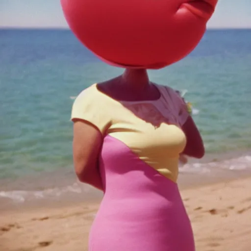 Prompt: middle aged woman with an inflatable toy head on top of her head wearing a dress at the seaside 1976 French film archival footage technicolor film expired film 16mm new wave John Waters