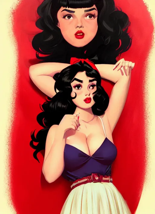 Image similar to full body portrait of teenage veronica lodge, obese, bangs, sultry, realistic, sultry smirk, wavy hair, red skirt, fat, belly, intricate, elegant, glowing lights, highly detailed, digital painting, artstation, concept art, smooth, sharp focus, illustration, art by wlop, mars ravelo and greg rutkowski