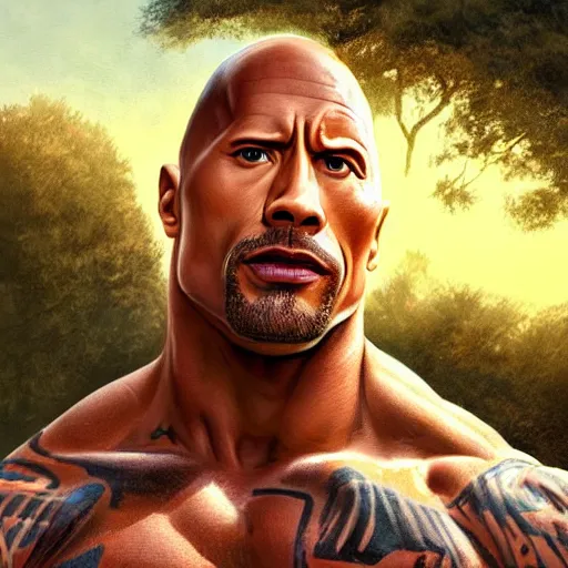 Image similar to clear portrait of dwayne johnson, adorable appearance!!!, golden hour, happy apearance, cottagecore!!, background hyper detailed, character concept, full body, dynamic pose, intricate, elegant, highly detailed, digital painting, artstation, concept art, smooth, sharp focus, illustration, art by artgerm and greg rutkowski and alphonse mucha