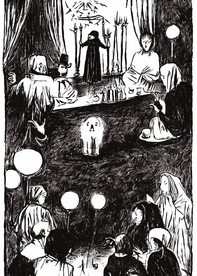 Prompt: a seance conducted by an old woman dressed in red, candle light, ghosts, ominous, by federico fellini