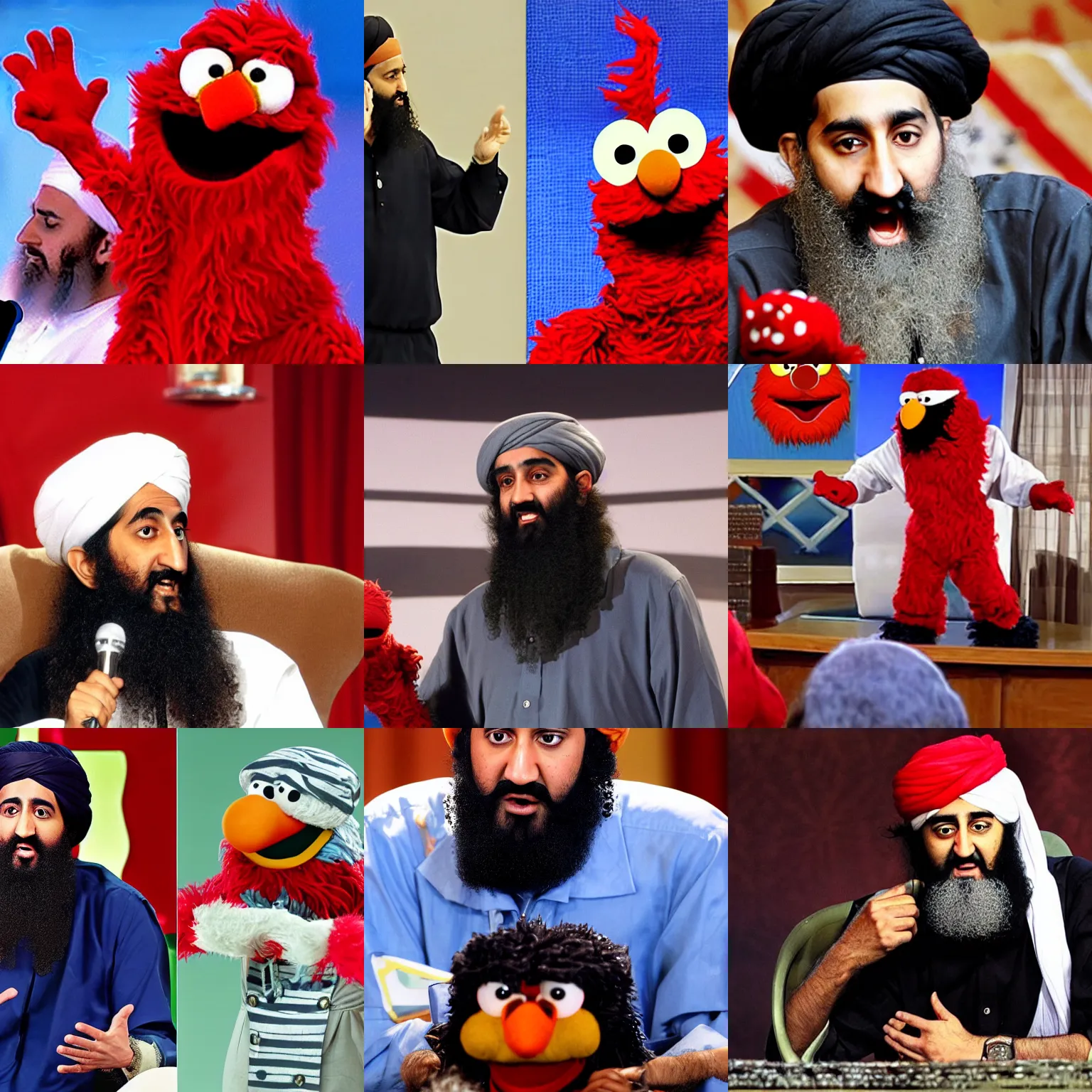 Prompt: osama bin laden debating elmo