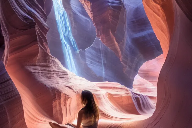 Prompt: collection of beautiful celestial females exposed in cryo chambers relaxing at Antelope canyon, with rocks formed by water erosion, walls made of beautiful smooth sandstone light beams that shine, polish narrow slots of walls into a striated swirling finish, digital painting, concept art, smooth, sharp focus, from Star Trek 2021, illustration, by WLOP and Ruan Jia and Mandy Jurgens and William-Adolphe Bouguereau, Artgerm