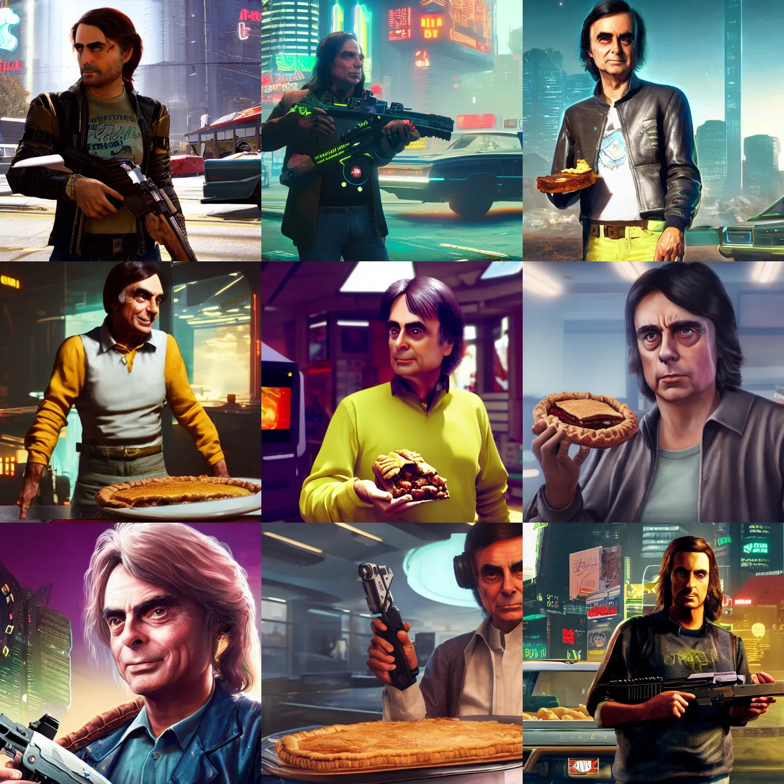 Prompt: carl sagan armed with whole apple pie. cyberpunk 2 0 7 7. cp 2 0 7 7. 3 8 4 0 x 2 1 6 0