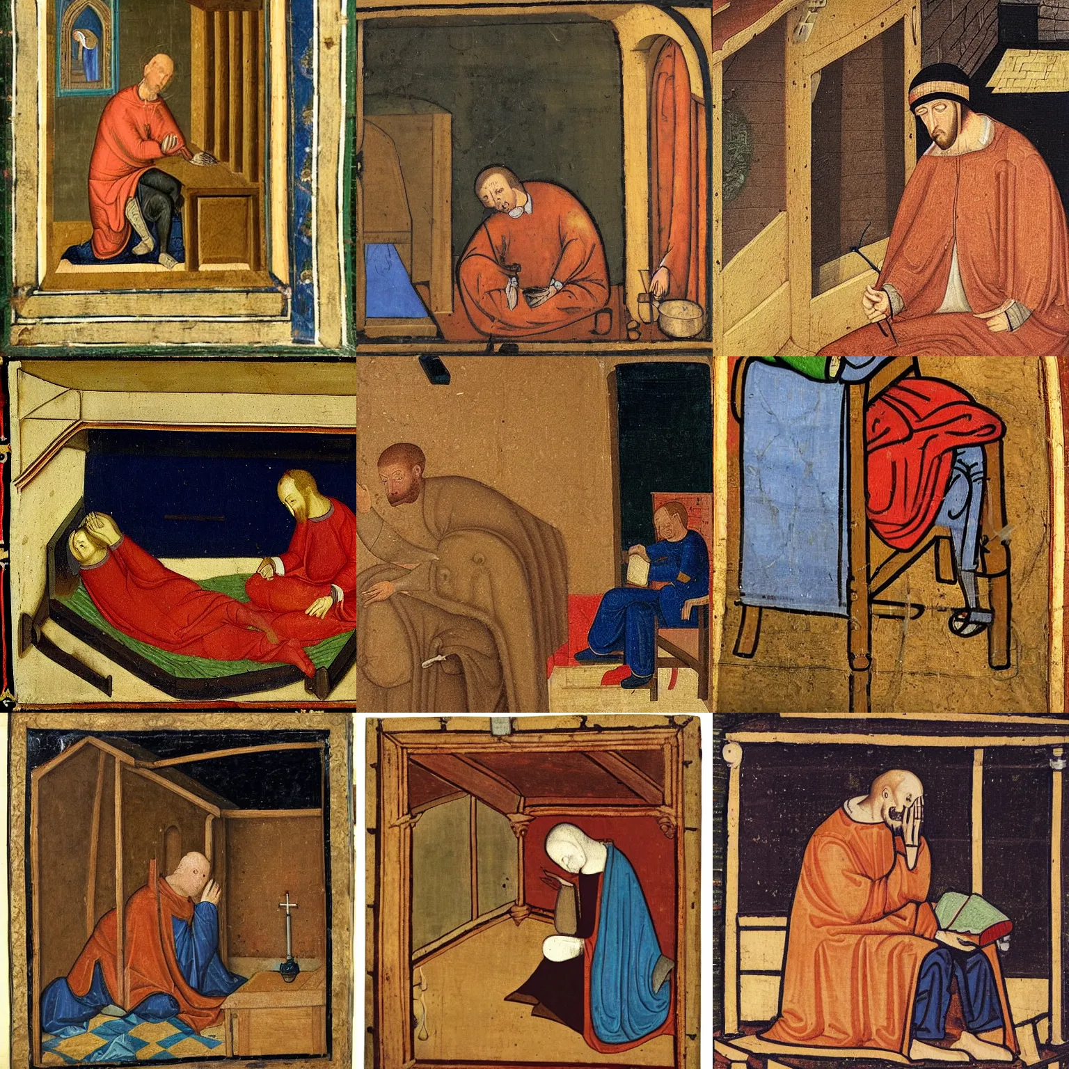 Prompt: man sitting home with illness, sneezing, tissues are on the ground, medieval painting