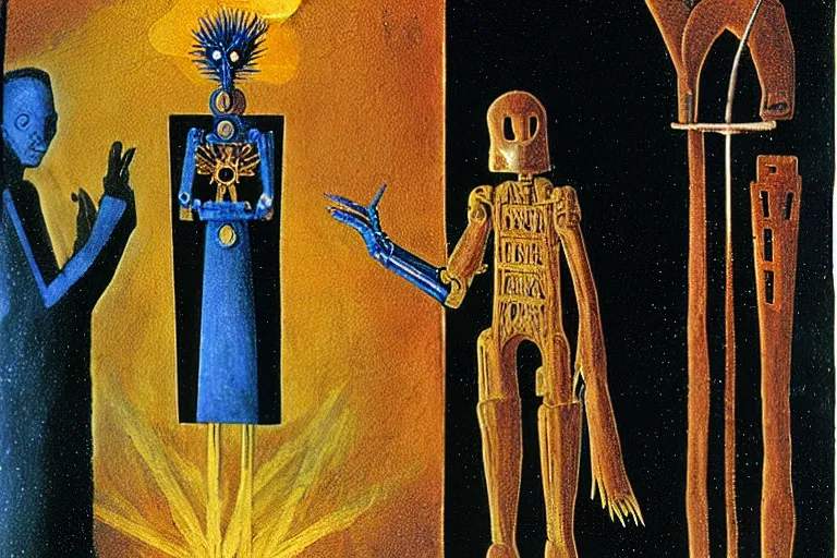 Image similar to a tarot card intricate of a cybernetic technomancer wizard consulting his AI by Remedios Varo