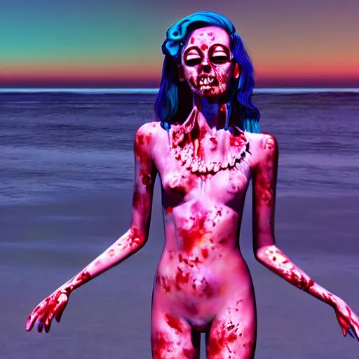 Prompt: fullbody vaporwave art of a fashionable zombie girl at a beach, early 90s cg, 3d render, 80s outrun, by carpenter brut