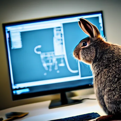 Prompt: A rabbit, playing on a computer, wearing a headset, big monitor, angry, realistic, HDR shot