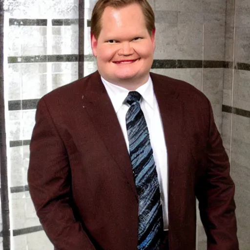 Image similar to Andy Richter is wearing a chocolate brown suit and necktie. Andy is standing under the running water of a shower head. Water is dripping from the suit and necktie.