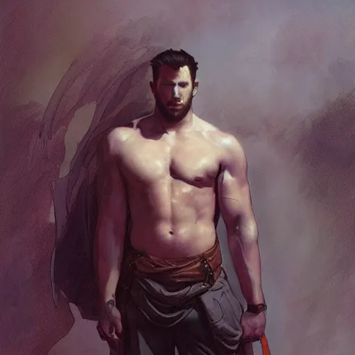 Image similar to portrait of depressed gigachad, male, muscular, handsome D&D, concept art, art by Greg Rutkowski and Alphonse Mucha