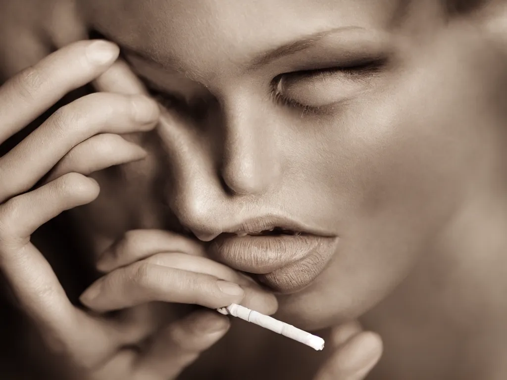 Prompt: Close-up view of hyperrealistic thin soft hand holding cigarette with smoke, photo by Damien Lovegrove, 4K