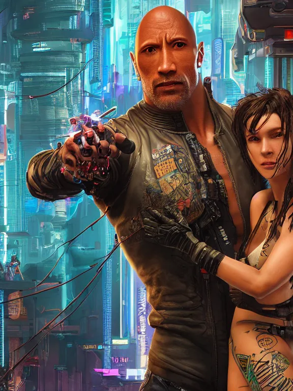 Image similar to a cyberpunk 2077 portrait of Dwayne Johnson holding a female android ,tango pose,complex mess of cables and wires behind them connected to giant computer, love moive,film lighting, by laurie greasley,Lawrence Alma-Tadema,William Morris,Dan Mumford, trending on atrstation, full of color,face enhance, highly detailed,8K, octane,golden ratio,cinematic lighting