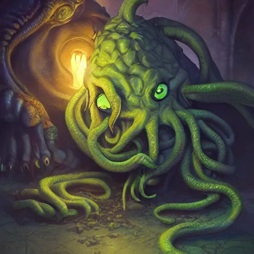 Image similar to cthulhu garfield, 4 k oil on linen by wlop, artgerm, andrei riabovitchev, nuri iyem, james gurney, james jean, greg rutkowski, highly detailed, soft lighting 8 k resolution