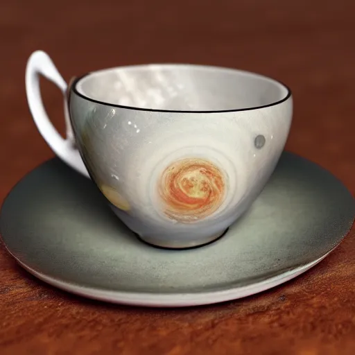 Image similar to a teacup containing a planet Jupiter as a boiling liquid, hyper realistic