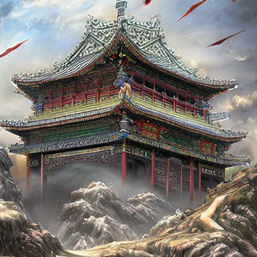 Image similar to dynamic composition, motion, ultra-detailed, incredibly detailed, a lot of details, amazing fine details and brush strokes, colorful and grayish palette, smooth, HD semirealistic anime CG concept art digital painting, watercolor oil painting of epic castle gate, from Three Kingdoms, by a Chinese artist at ArtStation, by Huang Guangjian, Fenghua Zhong, Ruan Jia, Xin Jin and Wei Chang. Realistic artwork of a Chinese videogame, gradients, gentle an harmonic grayish colors.