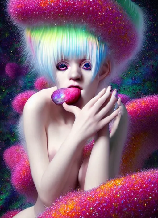 Image similar to hyper detailed 3d render like a Oil painting - kawaii portrait Aurora (white haired Singer Ferret) seen Eating of the Strangling network of yellowcake aerochrome and milky Fruit and Her delicate Hands hold of gossamer polyp blossoms bring iridescent fungal flowers whose spores black the foolish stars by Jacek Yerka, Mariusz Lewandowski, Houdini algorithmic generative render, Abstract brush strokes, Masterpiece, Edward Hopper and James Gilleard, Zdzislaw Beksinski, Mark Ryden, Wolfgang Lettl, hints of Yayoi Kasuma, octane render, 8k