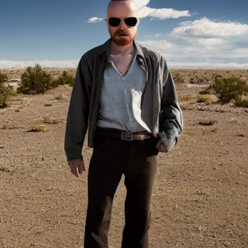 Image similar to Live Action Still of Aaron Paul dressed as Walter White, real life, hyperrealistic, ultra realistic, realistic, highly detailed, epic, HD quality, 8k resolution, body and headshot, film still