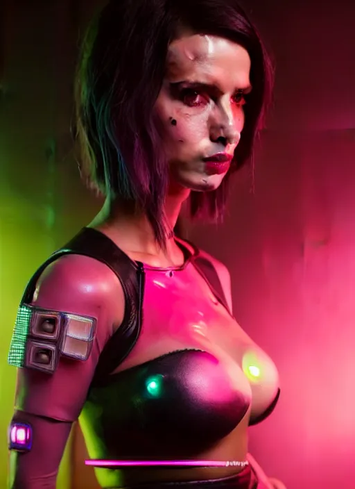 Prompt: half - body portrait of cyberpunk 2 0 7 7 young woman, frank latex costume, big breasts push up, beautiful face, face implants glowing neon, short pink hair, foggy background, extremely detailed, heavy grain, 5 0 mm bokeh, rtx reflections, unreal engine, octane render, art by artgerm and greg rutkowski and magali villeneuve