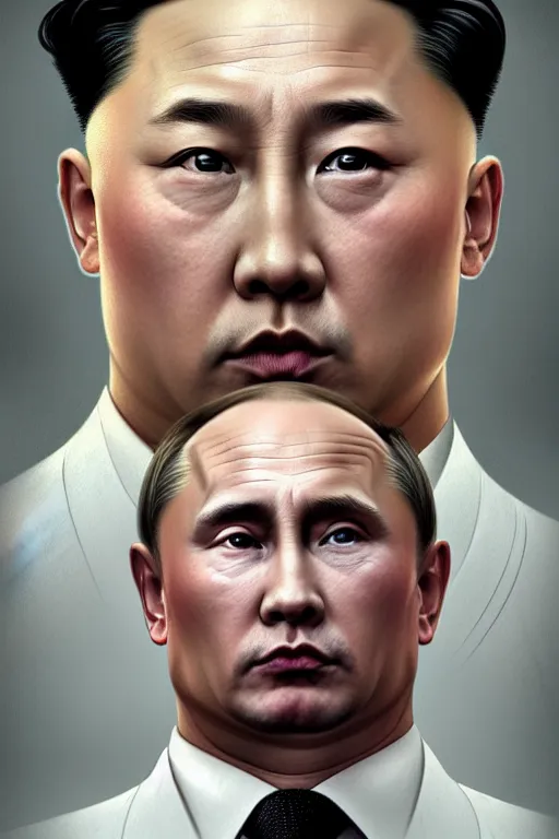 Image similar to vladimir putin with kim jong un hairstyle, realistic portrait, symmetrical, highly detailed, digital painting, artstation, concept art, smooth, sharp focus, illustration, cinematic lighting, art by artgerm and greg rutkowski and alphonse mucha