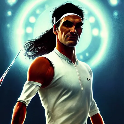 Prompt: cyborg roger federer as aeon flux profile picture by greg rutkowski, dynamic pose, intricate, futuristic, fantasy, elegant, by stanley artgerm lau, greg rutkowski, thomas kindkade, alphonse mucha, loish, norman rockwell,