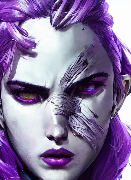 Prompt: close up portrait of a pale ana de armas in sci - fi power armor with purple hair, powerful, domineering, stoic, masterful, intense, ultrafine hyperdetailed illustration by kim jung gi, irakli nadar, intricate linework, sharp focus, octopath traveler, yoji shinkawa, highly rendered, detailed, concept art