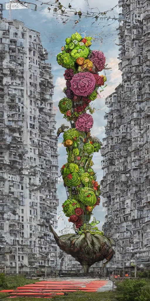 Prompt: giant grotesque flower in the middle of abandoned post soviet constructivist cityscape, Stalinist architecture, ultradetailed by Josan Gonzalez and Giuseppe Arcimboldo and Wes Anderson