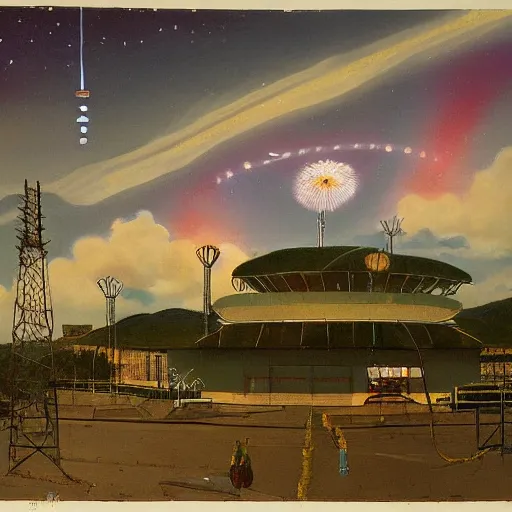 Prompt: detailed painting of a satellite station, exterior, floral ornaments, volumetrics, beam of bright lights through the clouds, minoru nomata