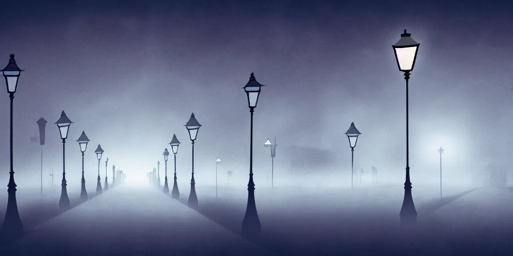 Prompt: curved perspective epic illustration of night city with victorian street lamp in a foggy field from nightmare before christmas