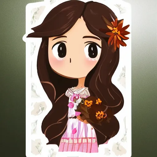 Prompt: hispanic girl with long brown hair, flower dress, face, sticker, emoji, white background, by rossdraws, ghibli